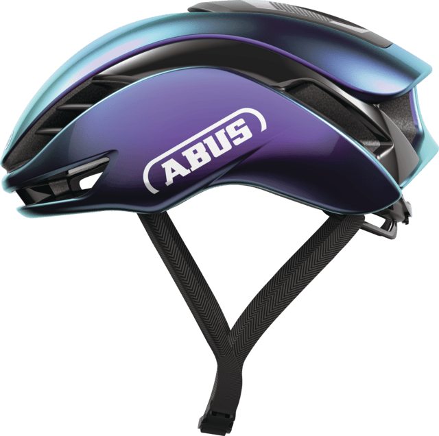 ABUS GAMECHANGER 2.0 cycling helmet with purple aerodynamic design and MIPS safety system, shown from side angle.
