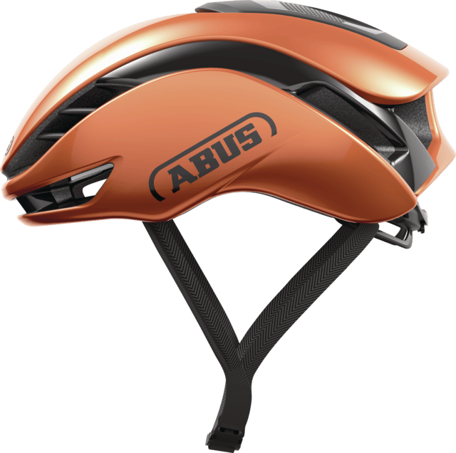 ABUS GAMECHANGER 2.0 cycling helmet in goldfish orange with aerodynamic design and MIPS safety features.