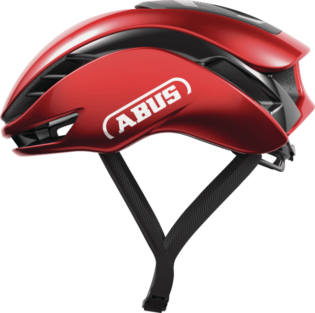 Red ABUS GAMECHANGER 2.0 cycling helmet with aerodynamic design and MIPS safety system, shown from a front angle.