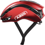 Red ABUS GAMECHANGER 2.0 cycling helmet with aerodynamic design and MIPS safety system, shown from a front angle.
