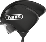 ABUS GAMECHANGER triathlon helmet in shiny black, aerodynamic cycling helmet designed for time trials and track racing.