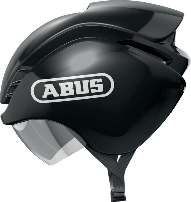 ABUS GAMECHANGER Triathlon helmet in shiny black with aerodynamic design and magnetic fastener, designed for high-performance cycling.