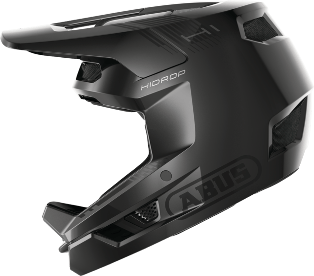 ABUS HiDrop mountain bike helmet with shiny black finish and break-away visor, designed for downhill racing and cycling safety