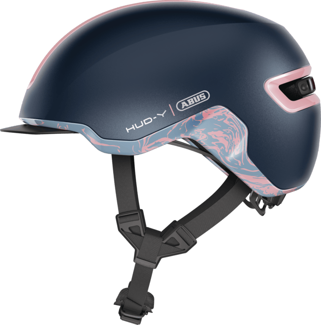 ABUS HUD-Y urban cycling helmet in midnight blue with rechargeable rear LED light, designed for city bike riders.