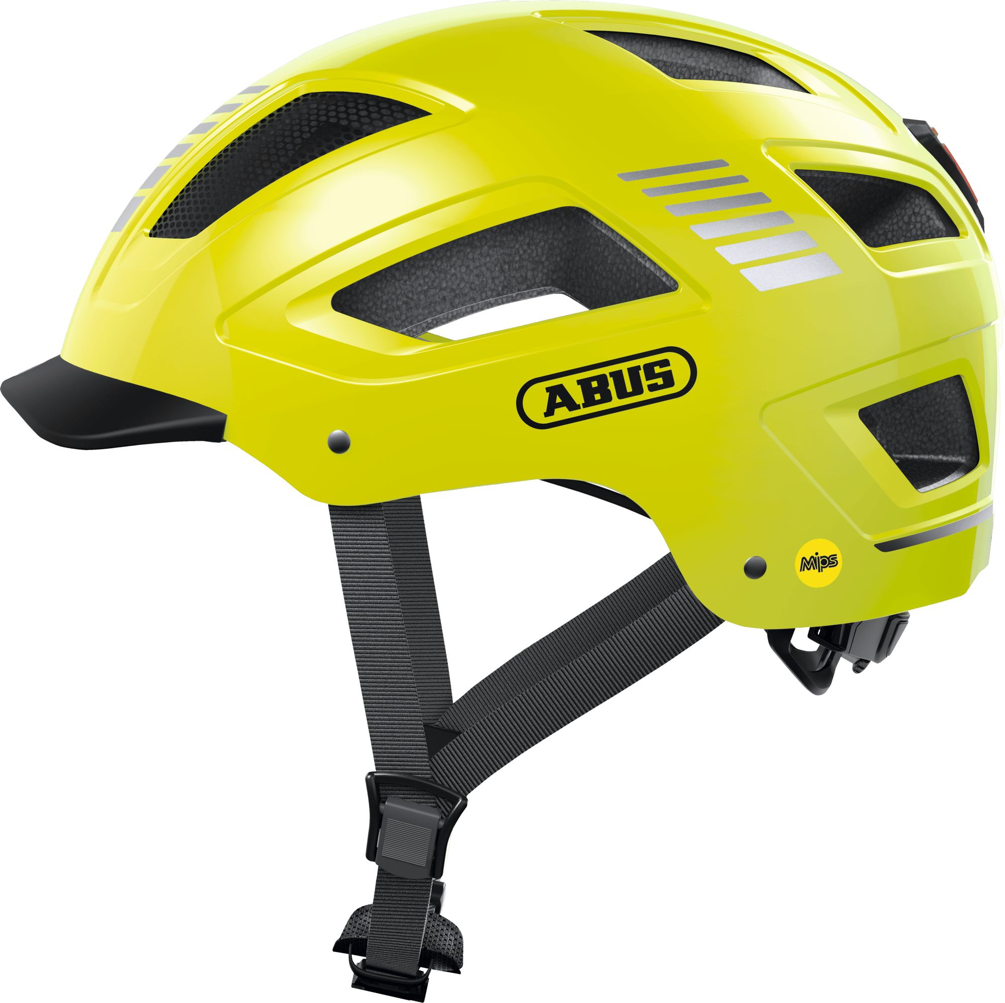 ABUS HYBAN 2.0 MIPS urban cycling helmet in signal yellow with ventilation and adjustable fit, designed for safe city riding.