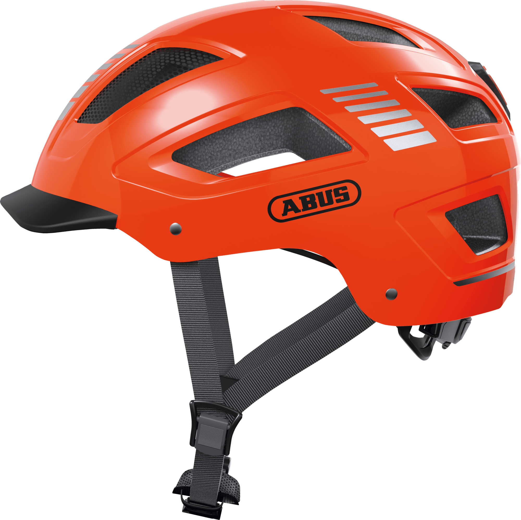 ABUS Hyban 2.0 urban cycling helmet in signal orange with ventilation and adjustable fit, shown from front angle.