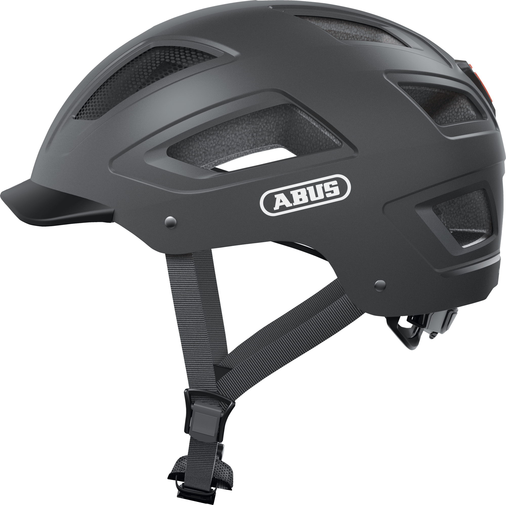 ABUS Hyban 2.0 urban cycling helmet with ventilation and adjustable fit, shown in metallic finish with multiple vents and strap adjustments.