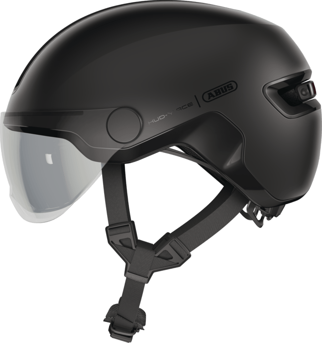 ABUS HUD-Y ACE urban cycling helmet with adjustable visor and rechargeable rear LED light, designed for safe city riding.
