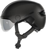 ABUS HUD-Y ACE urban cycling helmet with adjustable visor and rechargeable rear LED light, designed for safe city riding.