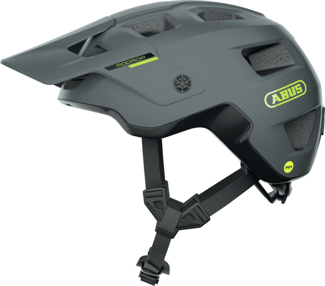 ABUS MoDrop MIPS mountain bike helmet in concrete grey with adjustable visor and MTB fit system, featuring ventilation and safety design.