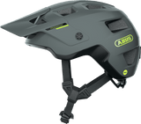 ABUS MoDrop MIPS mountain bike helmet in concrete grey with adjustable visor and MTB fit system, featuring ventilation and safety design.