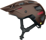 ABUS MoDrop MIPS mountain bike helmet with adjustable visor, MTB fit system, metallic copper finish, and ventilation.