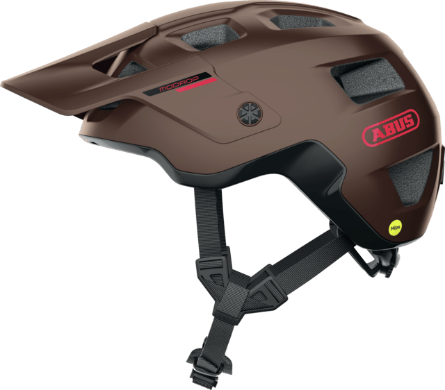 ABUS MoDrop MIPS mountain bike helmet in metallic copper with adjustable visor and MTB fit system, showing helmet design and ventilation.