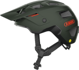 ABUS MoDrop MIPS mountain bike helmet in pine green with adjustable visor and MTB fit system, shown from the side.