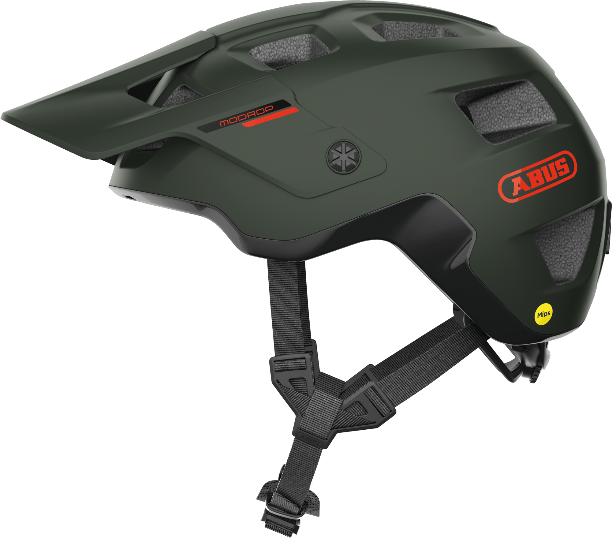 ABUS MoDrop MIPS mountain bike helmet in pine green with adjustable visor and MTB fit system, designed for safety and comfort.