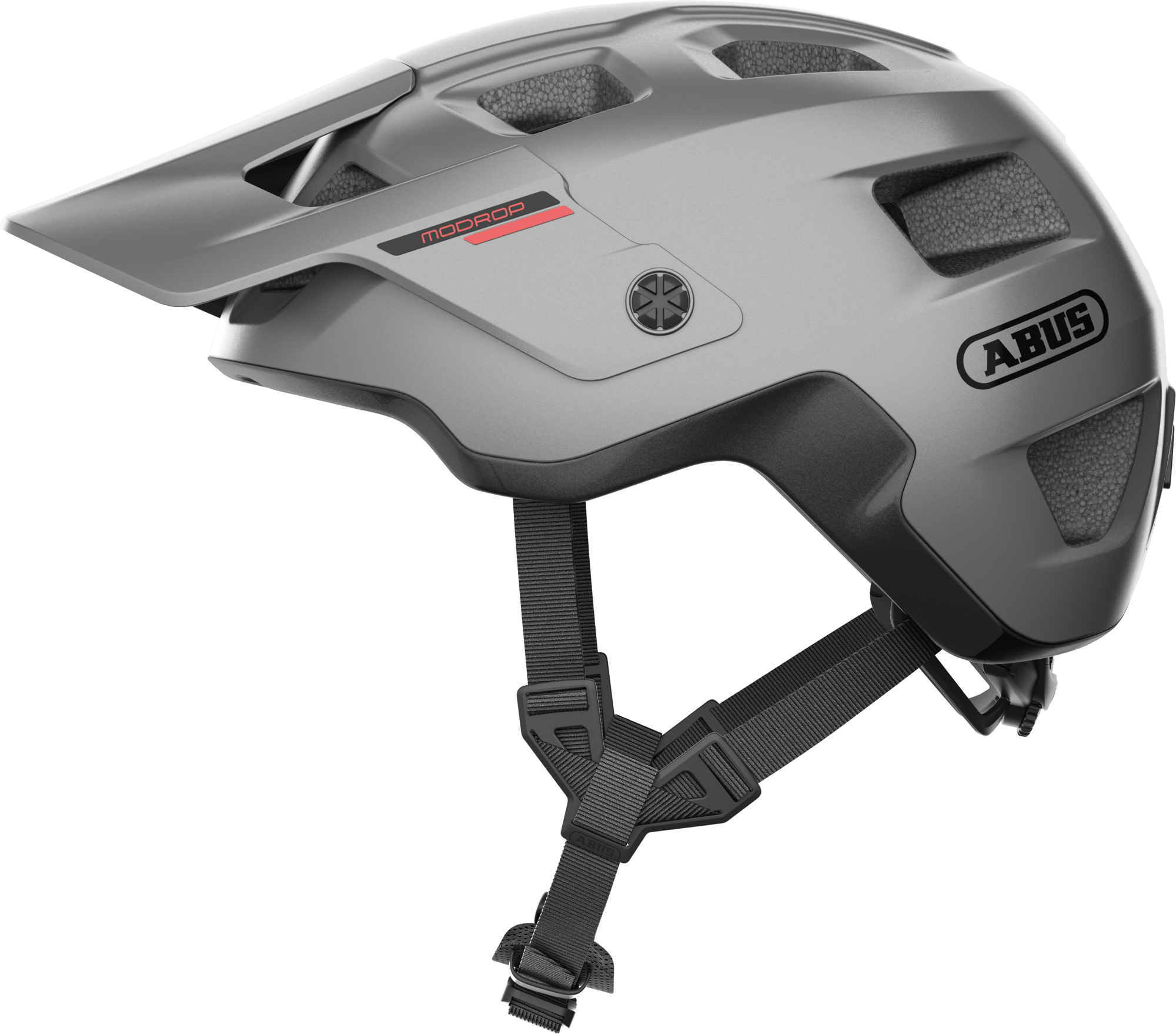 Silver ABUS MODROP mountain bike helmet with adjustable visor and secure fit system, designed for cyclists' safety and comfort.