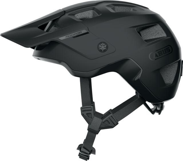 ABUS MODROP mountain bike helmet in velvet black with adjustable visor and secure fit system, shown from side view.