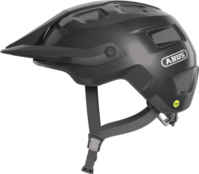 Shiny black ABUS MOTRIP MIPS mountain bike helmet with adjustable fit and ventilation for outdoor cycling.