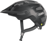 Shiny black ABUS MOTRIP MIPS mountain bike helmet with adjustable fit and ventilation for outdoor cycling.