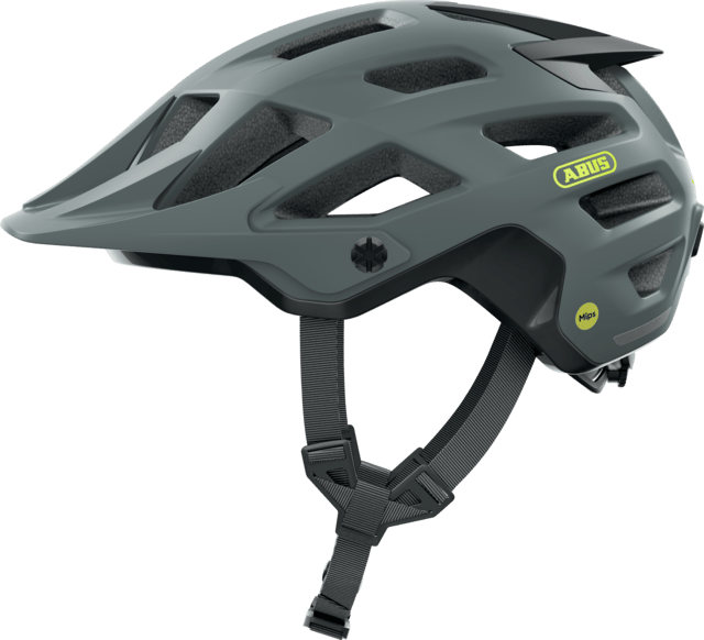 ABUS Moventor 2.0 MIPS mountain bike helmet in concrete grey with enhanced protection and ventilation, featuring adjustable straps and vents.