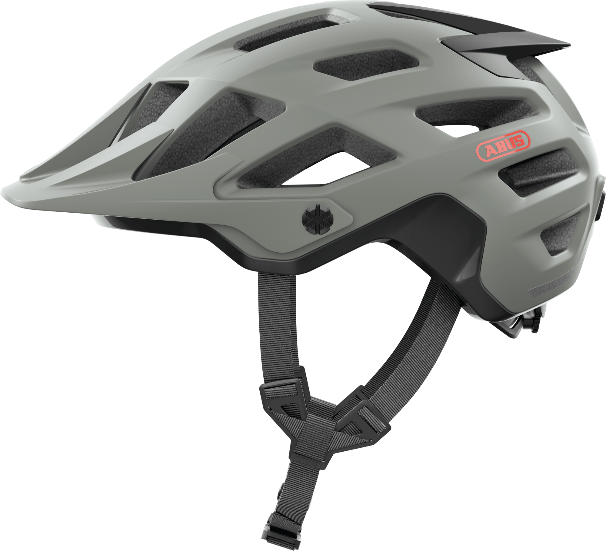 ABUS MOVENTOR 2.0 mountain bike helmet in chalk grey with ventilation and Zoom Ace fit system, showcasing front view and adjustable straps.