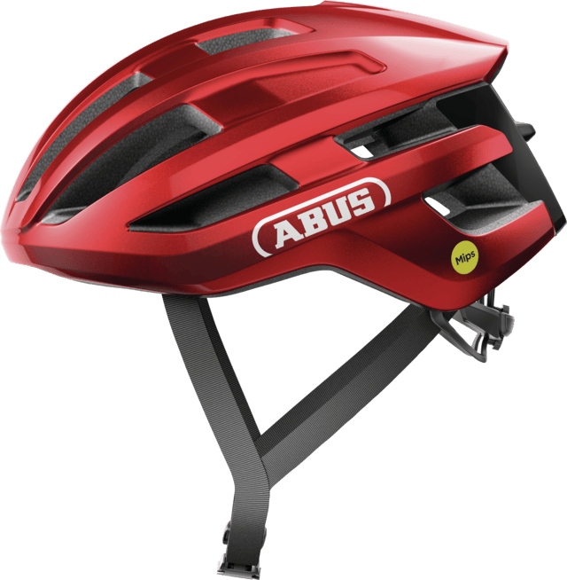 ABUS POWERDOME MIPS cycling helmet in blaze red with ventilation system and Zoom Ace fit for enhanced comfort and safety.