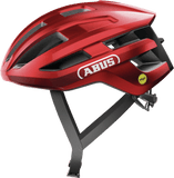 ABUS POWERDOME MIPS cycling helmet in blaze red with ventilation system and Zoom Ace fit adjustment.
