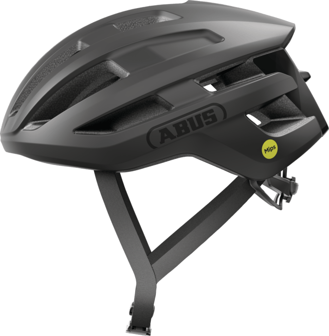 ABUS POWERDOME MIPS cycling helmet in velvet black with ventilation system and Zoom Ace Fit, designed for safety and comfort.