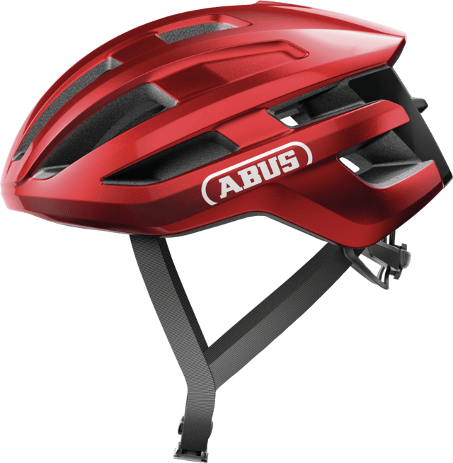 ABUS PowerDome cycling helmet in blaze red with ventilation and Zoom Ace fit system, featuring aerodynamic design and adjustable straps.