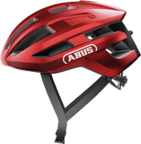 ABUS PowerDome cycling helmet in blaze red with ventilation and Zoom Ace fit system, featuring aerodynamic design and adjustable straps.