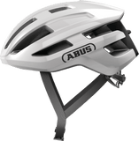 ABUS PowerDome cycling helmet in polar white with ventilation and Zoom Ace Fit system, designed for comfort and safety.