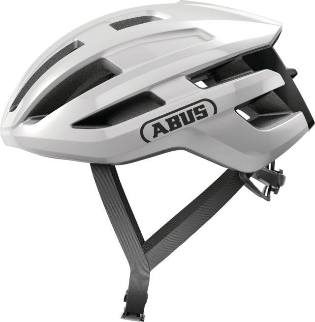 ABUS PowerDome cycling helmet in polar white with ventilation and Zoom Ace Fit system for secure, comfortable fit.
