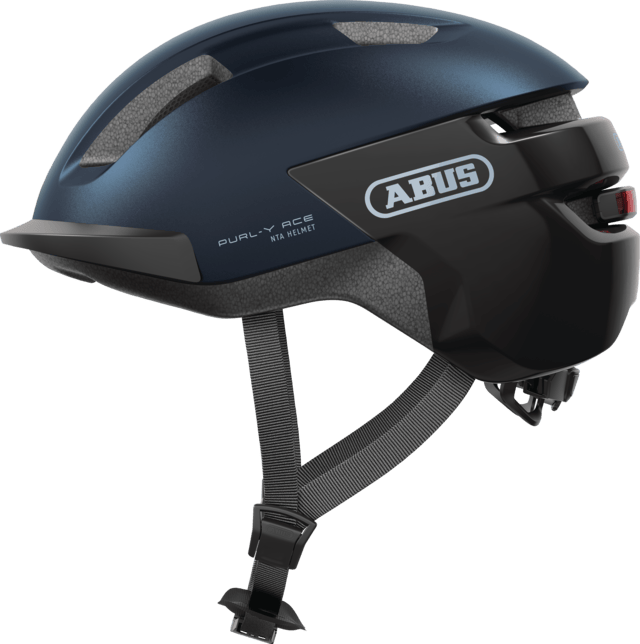 ABUS PURL-Y ACE urban e-bike helmet in midnight blue with integrated rechargeable LED light and NTA certification.