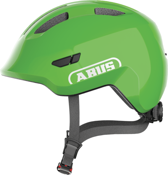ABUS Smiley 3.0 Kids cycling helmet in shiny green with adjustable fit and ventilation for deep protection, shown from side angle.