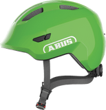 ABUS Smiley 3.0 Kids cycling helmet in shiny green with adjustable fit and ventilation for deep protection, shown from side angle.