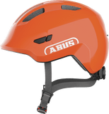 Shiny orange ABUS Smiley 3.0 kids cycling helmet with adjustable fit and deep protection, shown from the front.