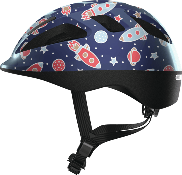 Blue ABUS SMOOTY 2.0 toddler helmet with adjustable straps and ventilation for child seat cycling safety and comfort.