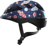 Blue ABUS SMOOTY 2.0 toddler helmet with adjustable straps and ventilation for child seat cycling safety and comfort.