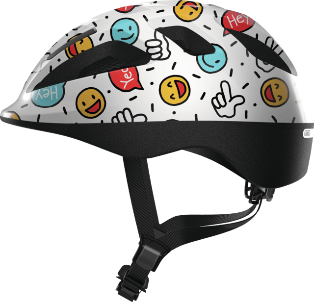 White ABUS SMOOTY 2.0 toddler helmet with smiley face design, designed for child seat cycling safety and comfort.
