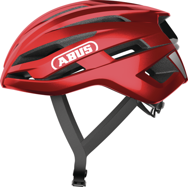 ABUS StormChaser ACE red cycling helmet with ventilation for road racing and cyclocross, featuring aerodynamic design and adjustable straps.