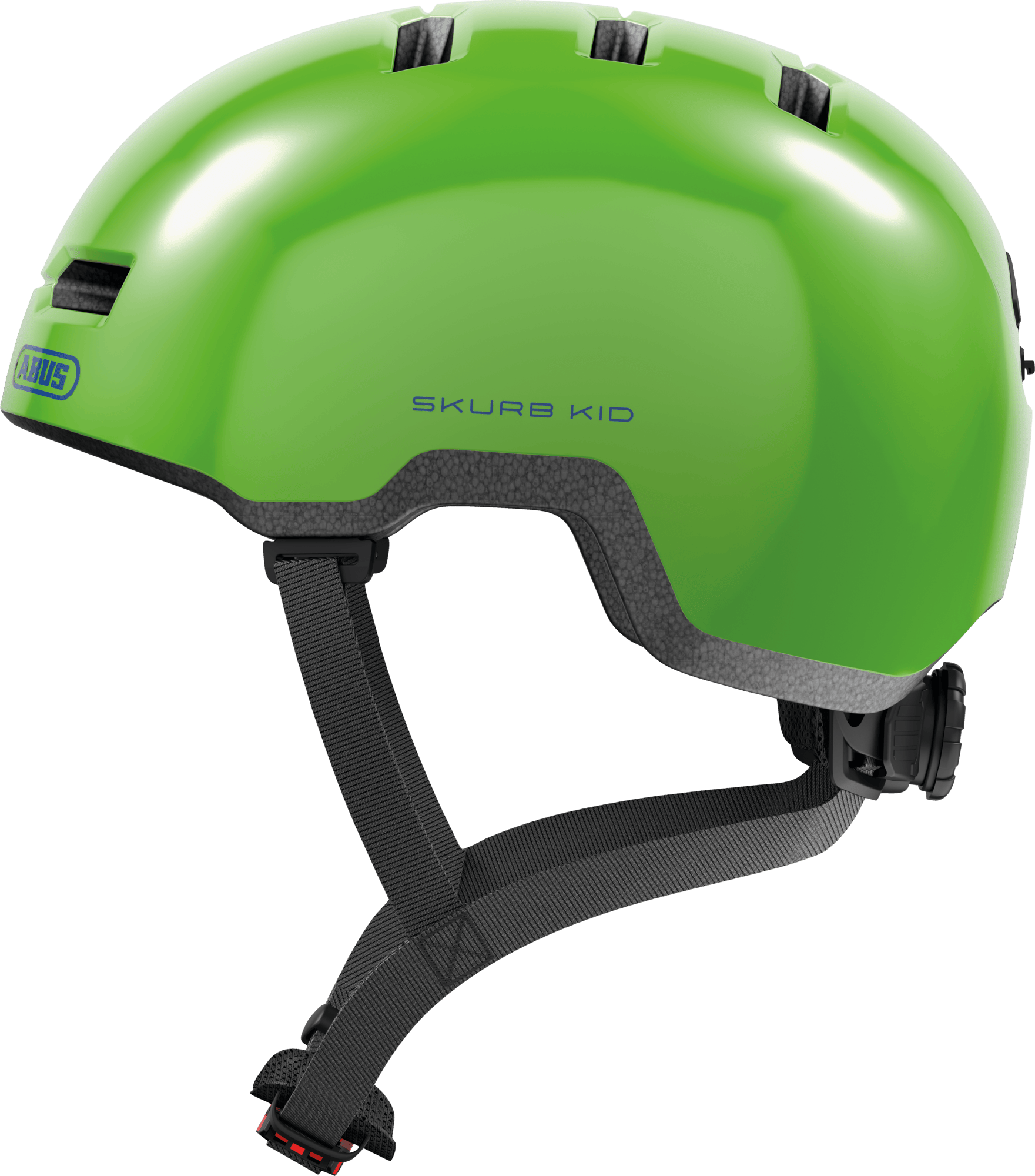 Shiny green ABUS Skurb kids helmet with adjustable straps for biking, skateboarding, and scooter riding.