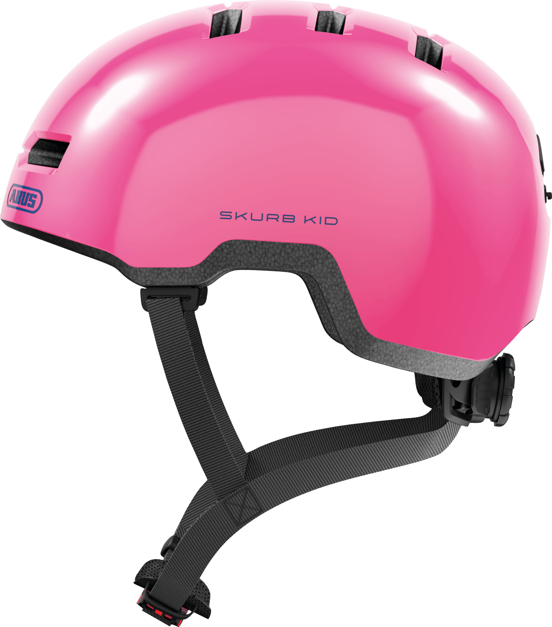 Pink ABUS Skurb kid helmet with adjustable straps, shiny finish, designed for biking, skateboarding, and scooting.