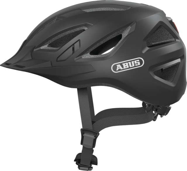 ABUS URBAN-I 3.0 black cycling helmet with adjustable straps, reflective details, and urban safety features.