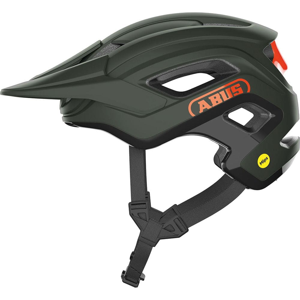 ABUS Cliffhanger MIPS mountain bike helmet in pine green with adjustable TriVider fit and ventilation, side view.