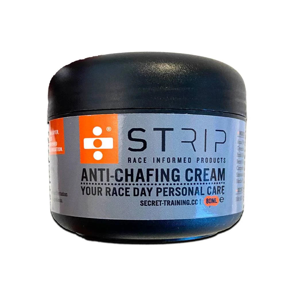Strip Secret Training STRIP Anti Chafing Cream pot for friction and skin protection, showing the cream container with label and product branding.