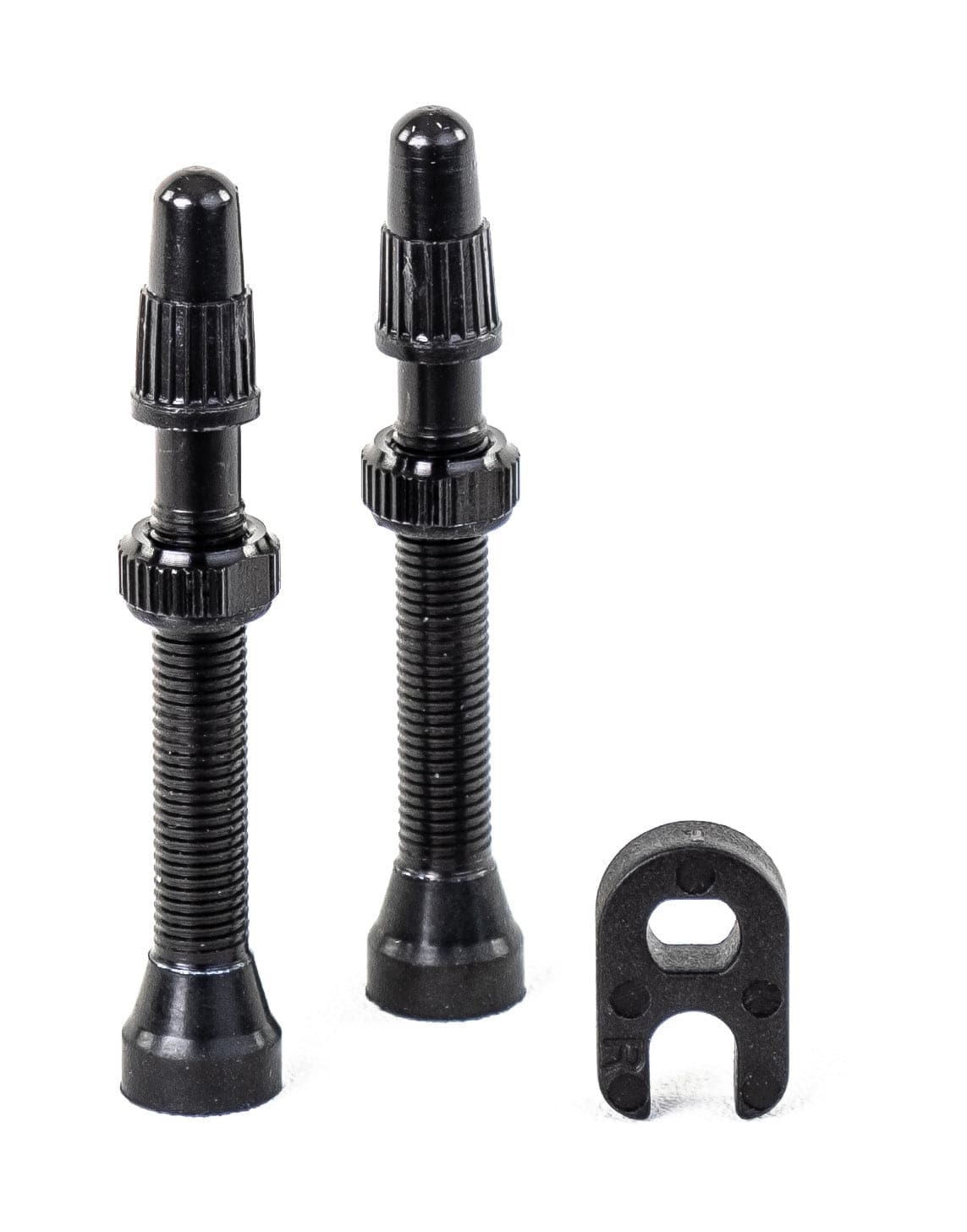 Pair of Hutchinson black tubeless valves for bicycle tires, providing reliable airtight seals and durable performance.