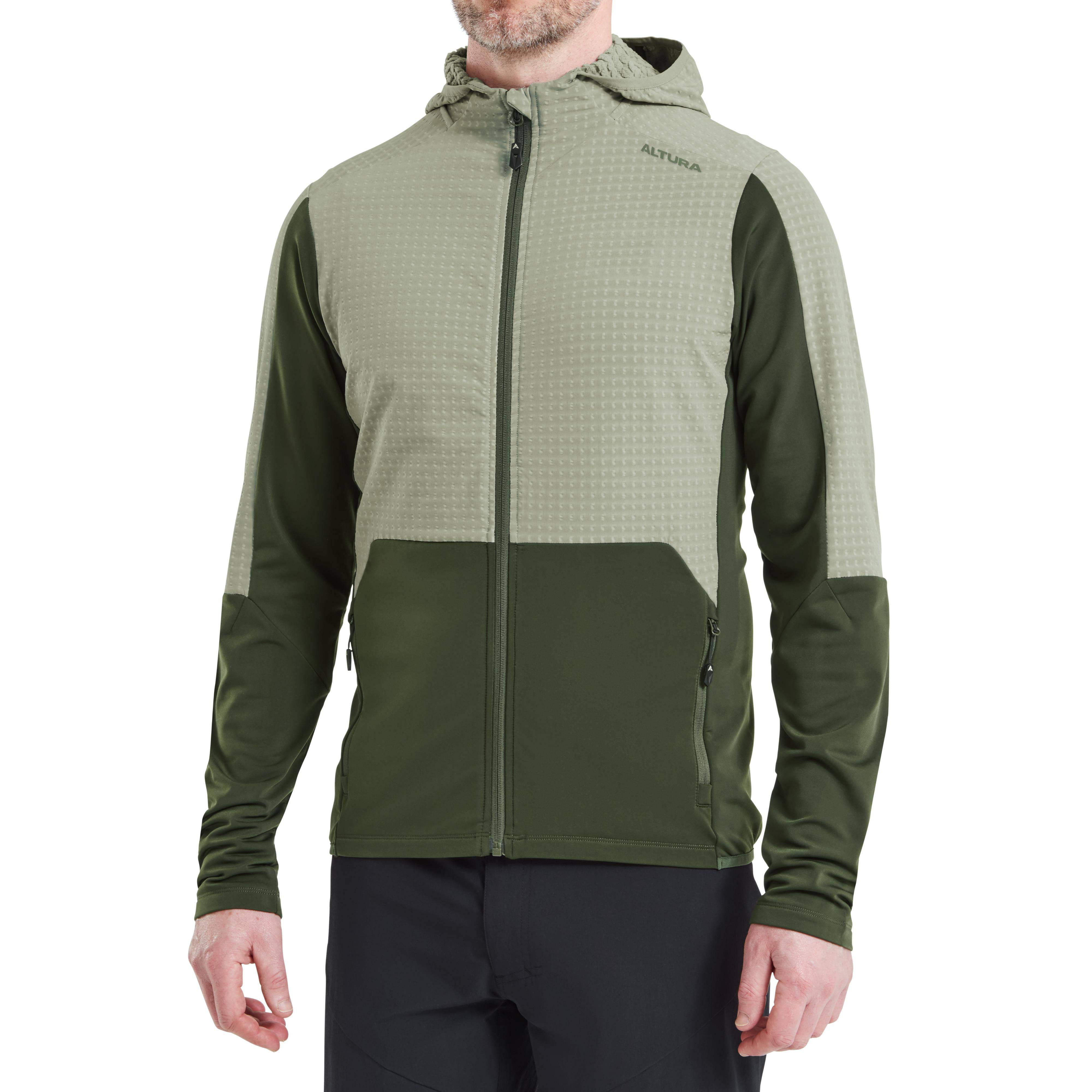 Men's Altura Esker Cave trail hoodie with water-repellent DWR coating and stretch fabric, shown in a versatile outdoor clothing style.