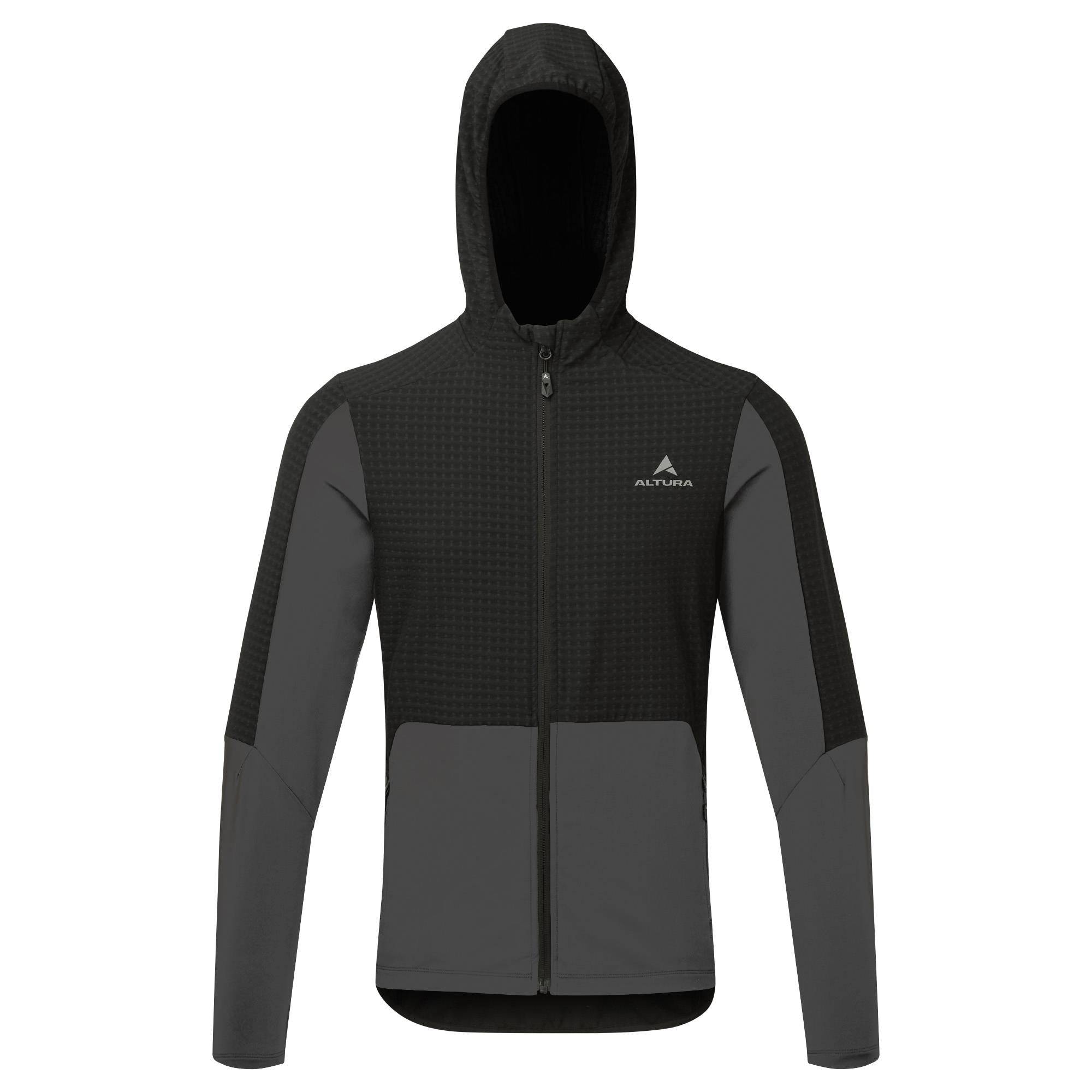 Men's Altura Esker Cave trail hoodie with water-repellent DWR fabric and stretch material, shown in a rugged outdoor setting.