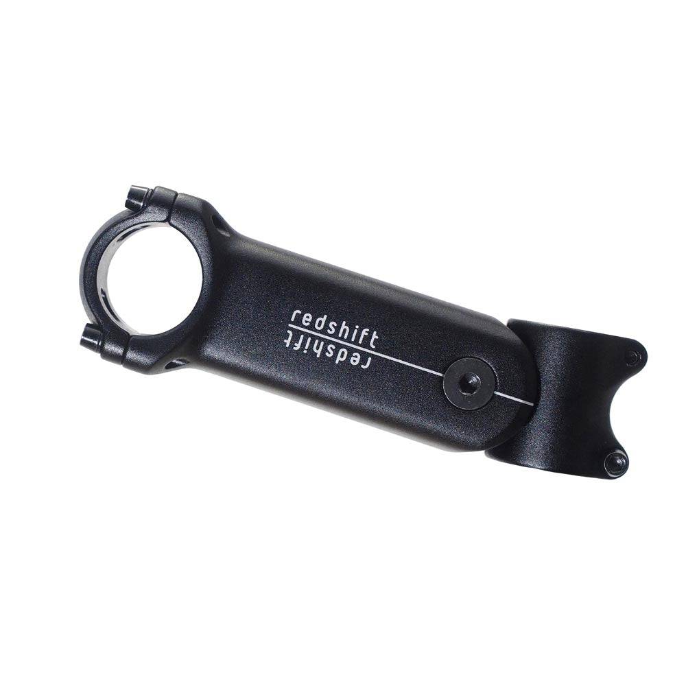 Redshift Sports ShockStop suspension stem for road bikes with adjustable elastomers, shown mounted on a bike handlebars.