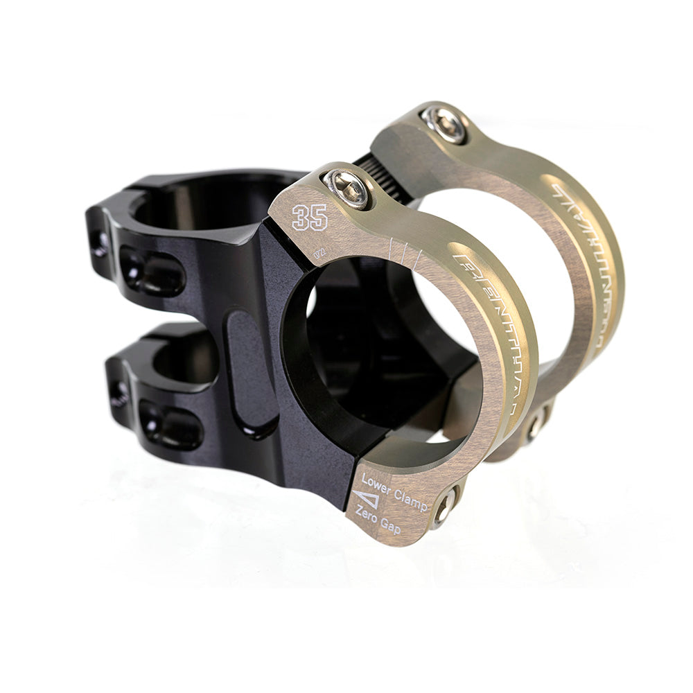 Renthal Apex MTB stem with adjustable rise for 780mm handlebars, mountain bike component, shown with bolts and mounting area.